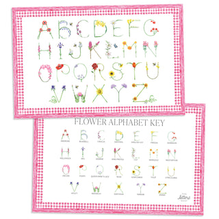 Flower Alphabet Placemat with pink gingham border and letter key on the verso of the placemat