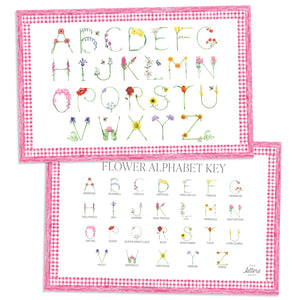 Flower Alphabet Placemat with pink gingham border and letter key on the verso of the placemat