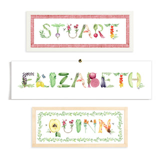 Fruits & Vegetables Custom Name Print by The Letter Nest in flatlay with various border options