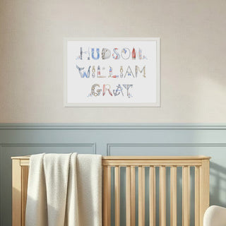 Nautical Themed Name Print in an elegant nursery with light blue painted walls, in name "Hudson William Gray"