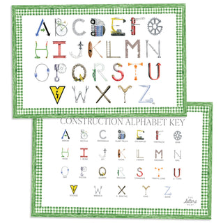 Construction Alphabet Placemat with green gingham border and letter key on the verso of the placemat