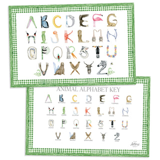 Animal Alphabet Placemat with green gingham border and letter key on the verso of the placemat