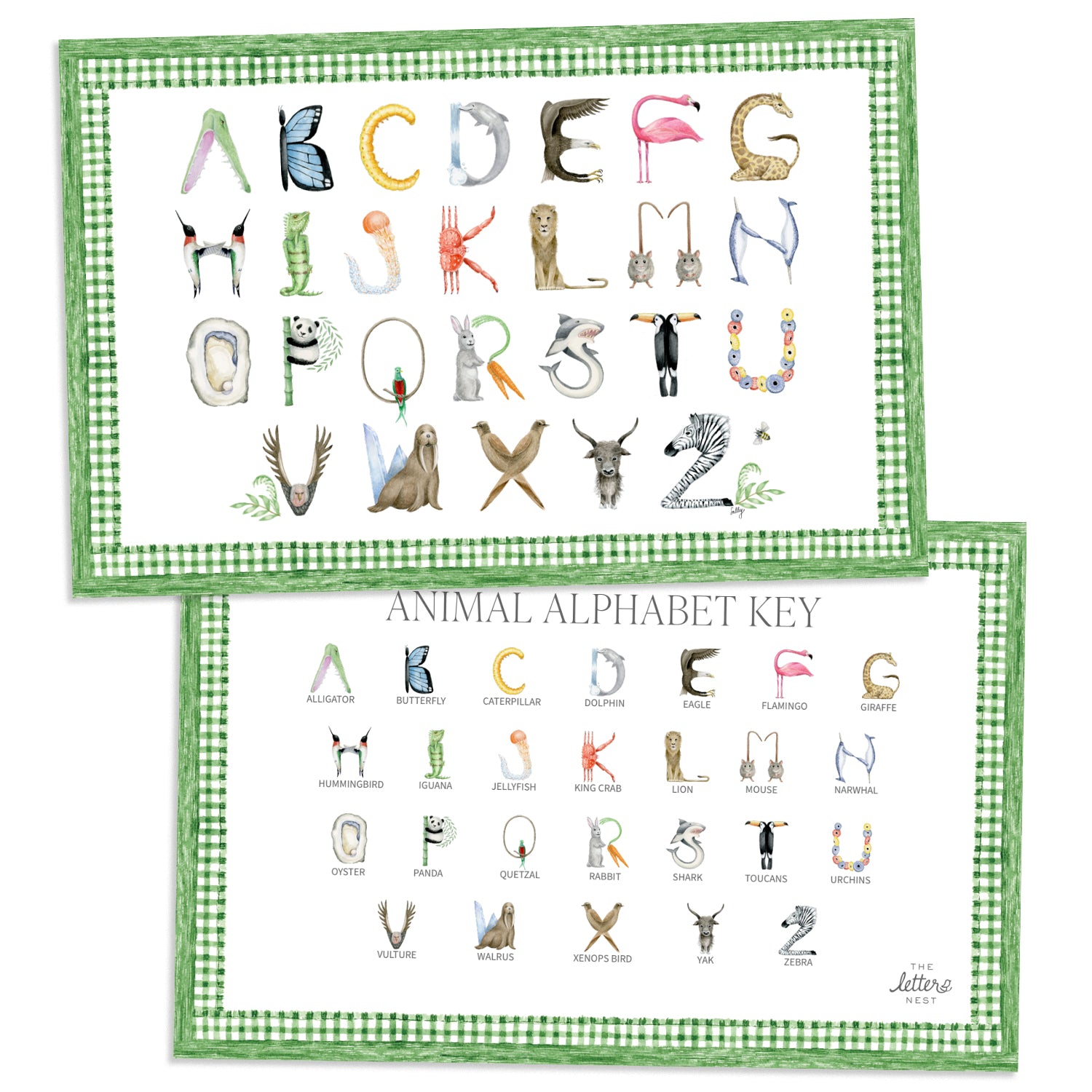 Animal Alphabet Placemat with blue gingham border and letter key on the verso of the placemat