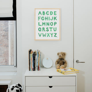 Green Balloon Alphabet from The Letter Nest, Natural Frame installed in nursery