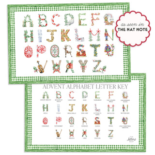 Product image of The Letter Nest's Advent Alphabet Placemat with green border, "as seen in The Nat Nate" badge