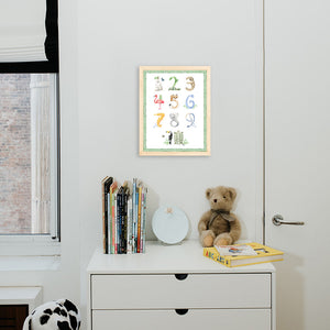 Animal Number print with green gingham border from The Letter Nest, Natural Frame installed in nursery