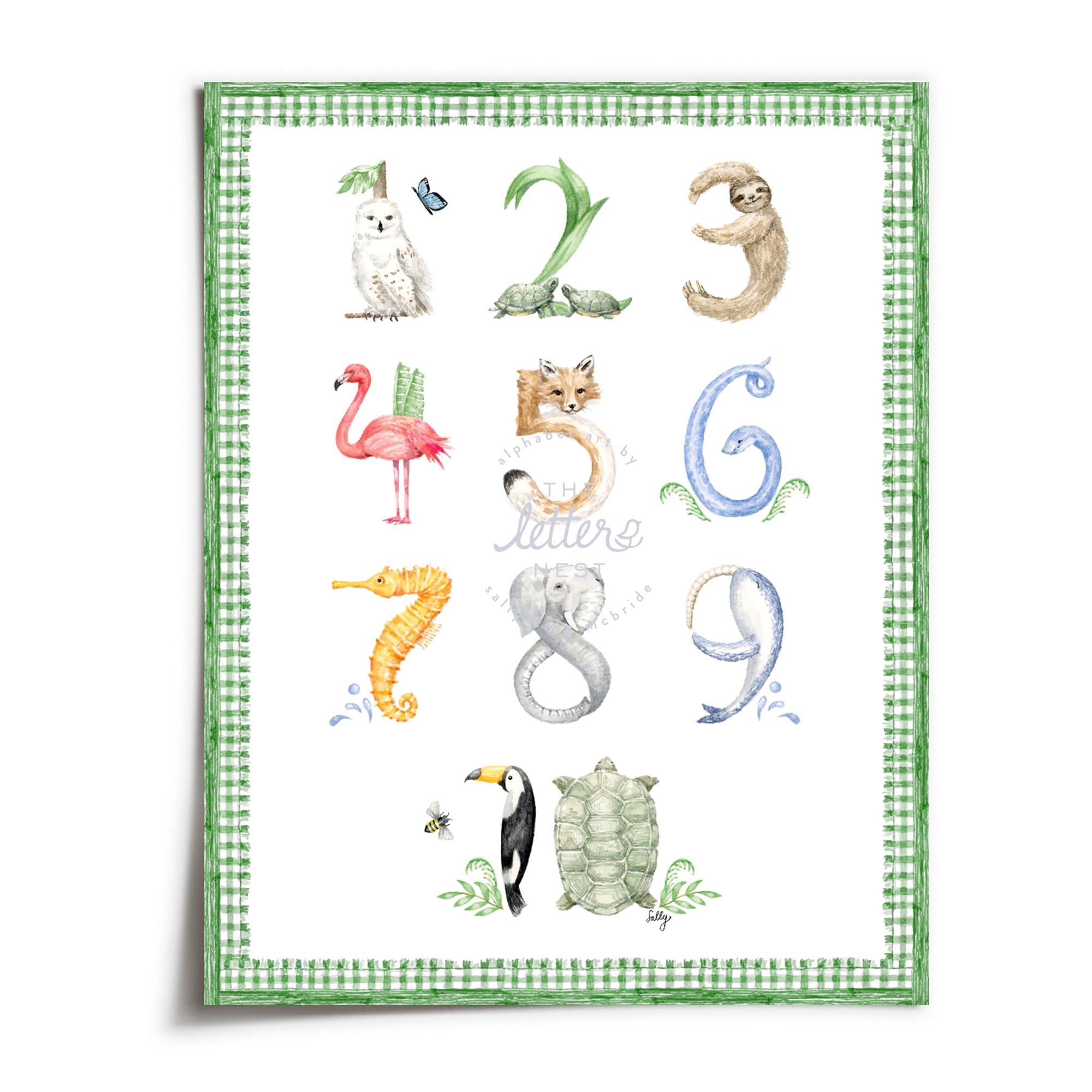 Unframed Animal Number print with green gingham border from The Letter Nest