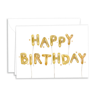 Rendering of The Letter Nest's "Happy Birthday" Foldover card featuring printed watercolor balloon letters originally painted by Sally King McBride