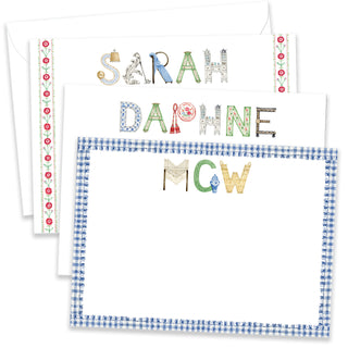 Personalized Interior Design Stationery shown in the names "Sarah," "Daphne," and initials "MGW" with matching envelope