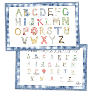 Interior Design Alphabet Placemat with blue gingham border and letter key on the verso of the placemat