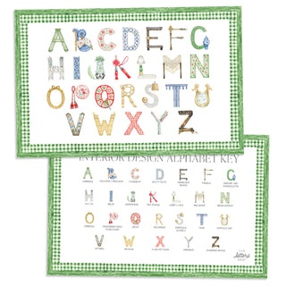 Interior Design Alphabet Placemat with green gingham border and letter key on the verso of the placemat