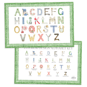 Interior Design Alphabet Placemat with green gingham border and letter key on the verso of the placemat