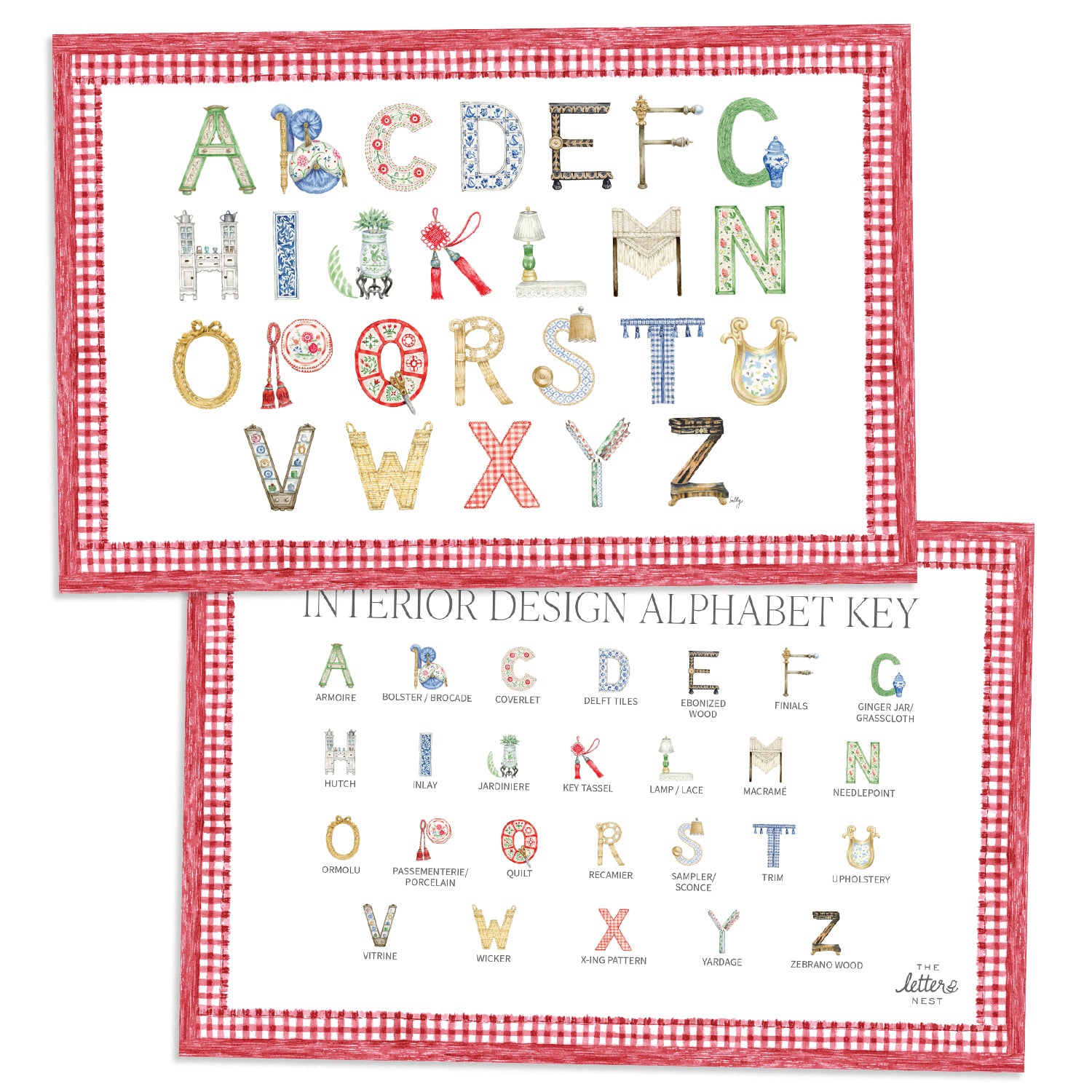 Interior Design Alphabet Placemat with red gingham border and letter key on the verso of the placemat