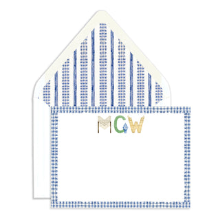 Personalized Interior Design Stationery shown with Blue Gingham Border in the initials "MGW" with matching envelope and blue trim liner