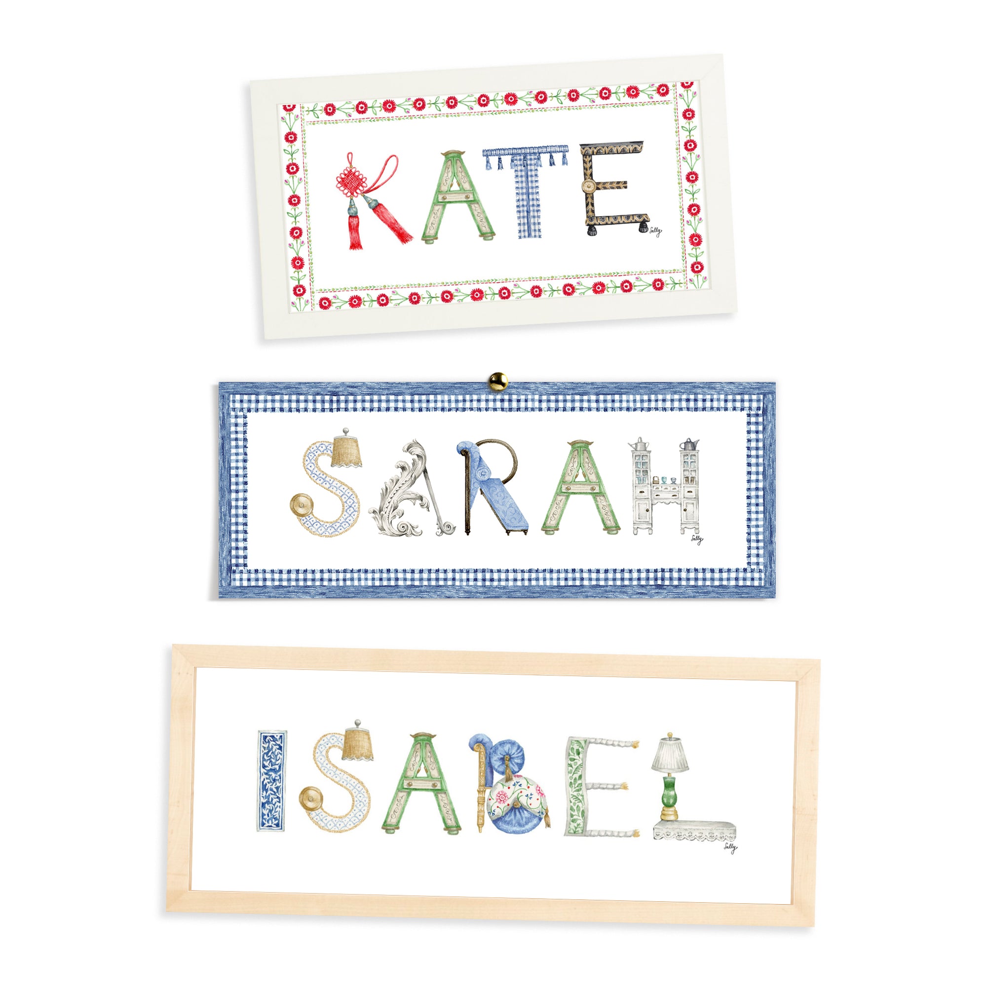 Interior Design Custom Name Print by The Letter Nest in flatlay with border options