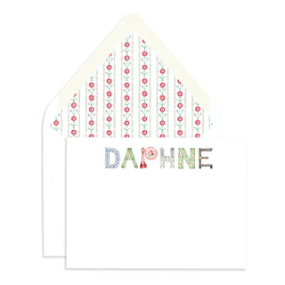 Personalized Interior Design Stationery shown in the name "Daphne" with matching envelope and red trim liner