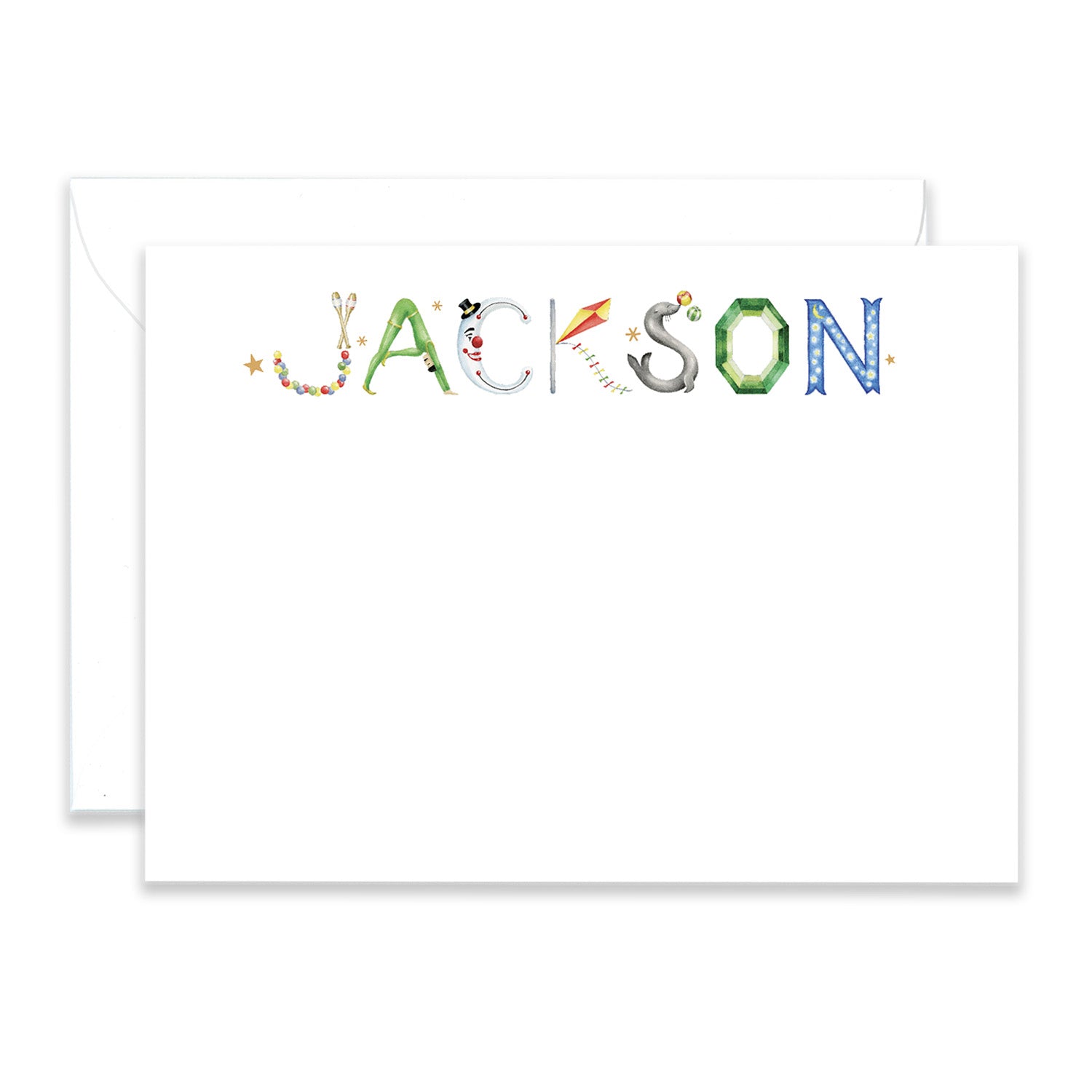 Personalized Circus Stationery shown in the name "Jackson" with matching envelope