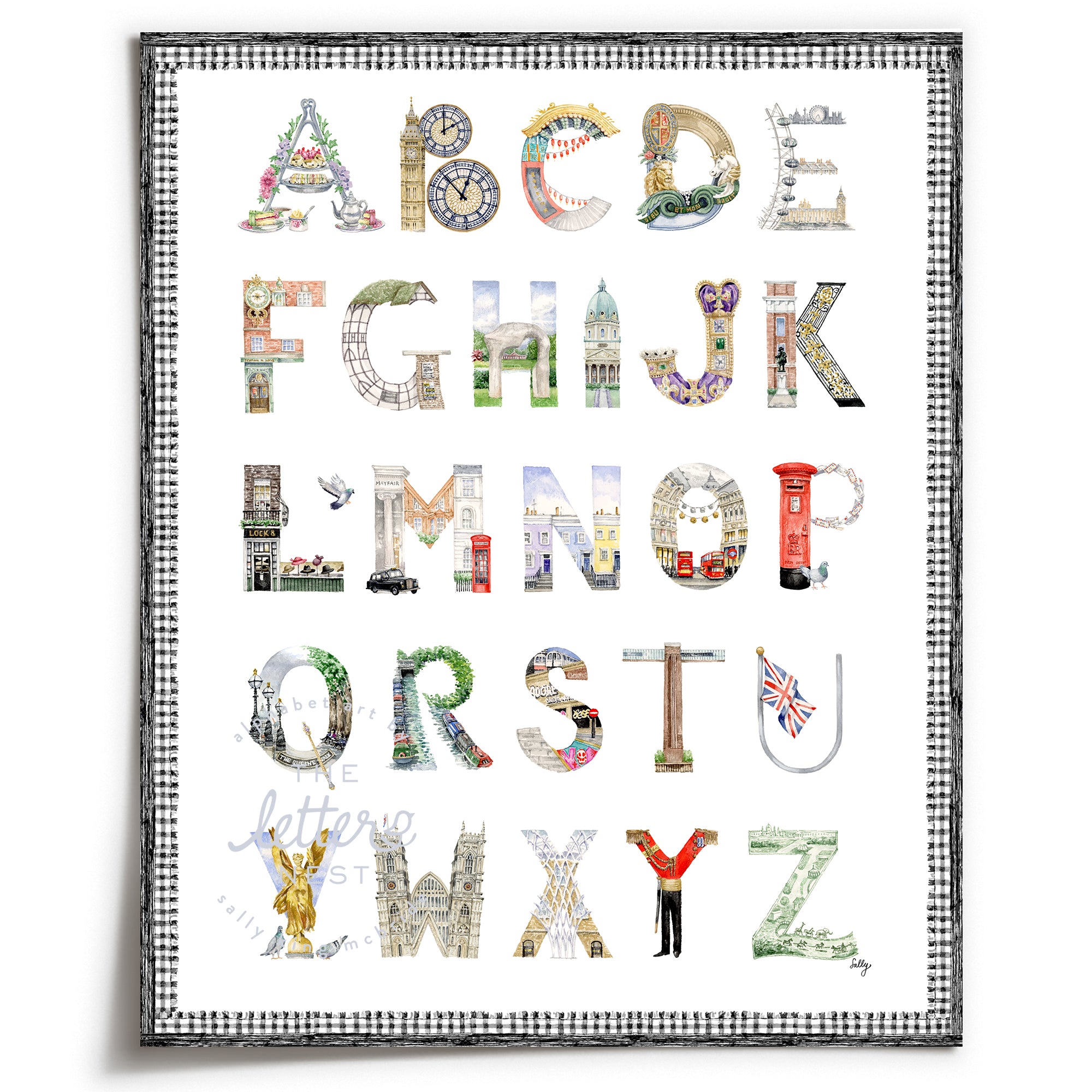 Unframed London Alphabet with black gingham border by The Letter Nest 