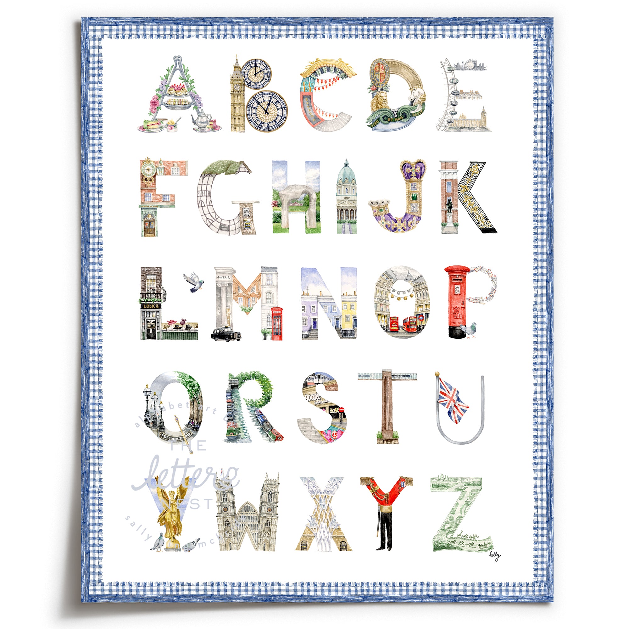 Unframed London Alphabet with blue gingham border by The Letter Nest