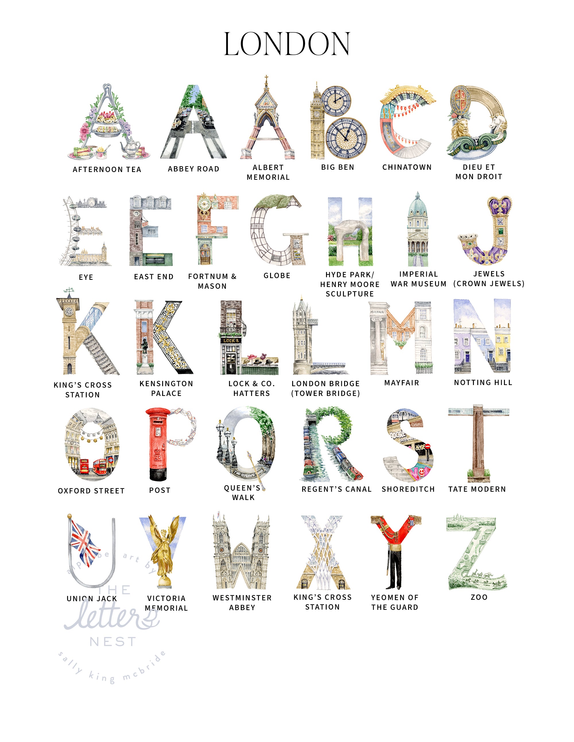 London Custom Name Prints by The Letter Nest shown in Ava, Charlie, and Peter 