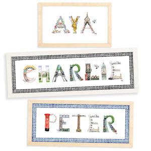 London Custom Name Prints by The Letter Nest shown in Ava, Charlie, and Peter 