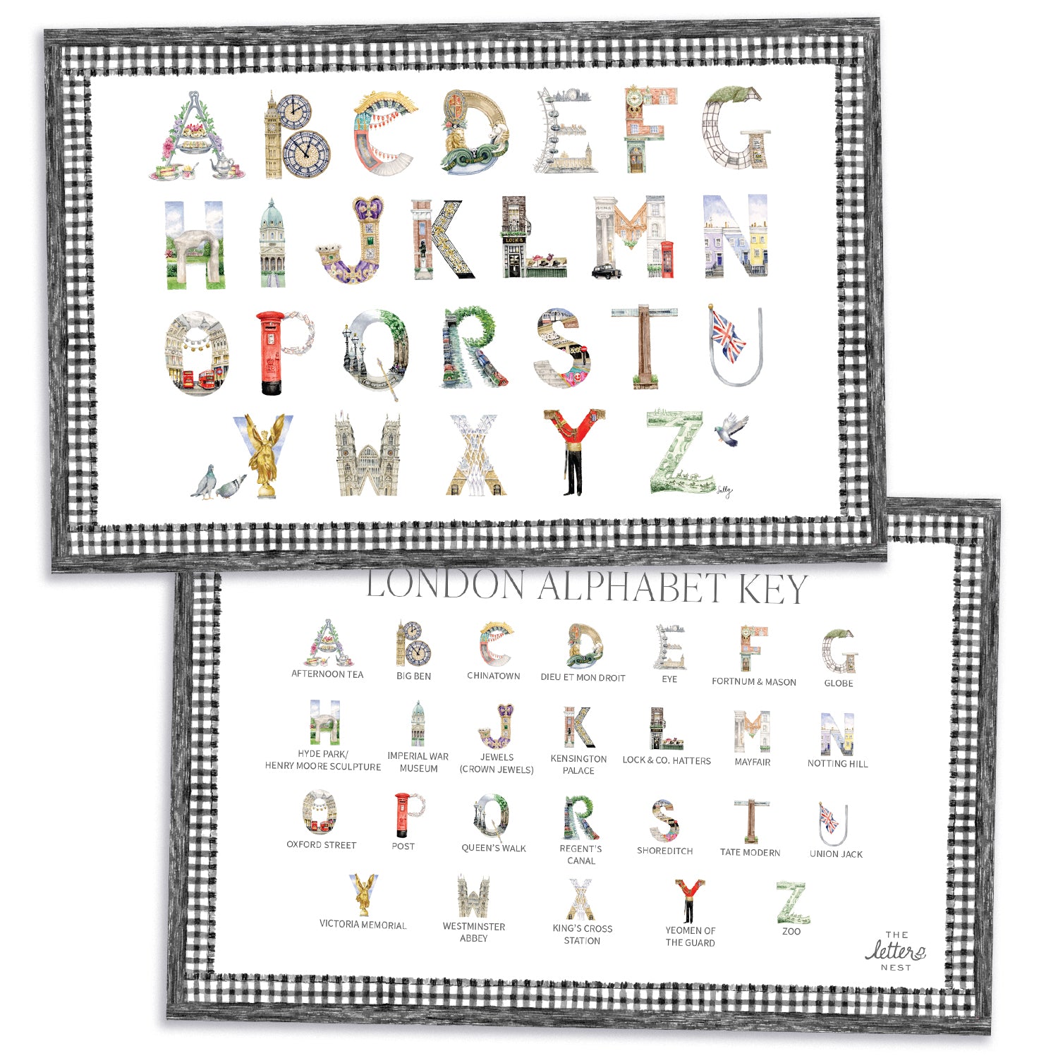 London Alphabet Placemat with blue gingham border