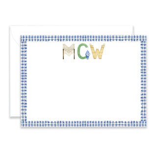 Personalized Interior Design Stationery shown with Blue Gingham Border in the initials "MGW" with matching envelope