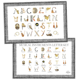 Flatlay rendering of The Letter Nest's Musical Instruments Placemat with black gingham border