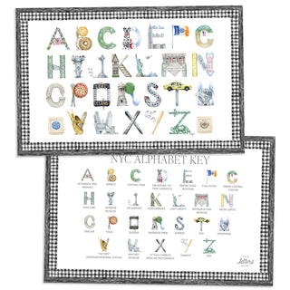 New York City Alphabet Placemat with black gingham border and letter key on the verso of the placemat