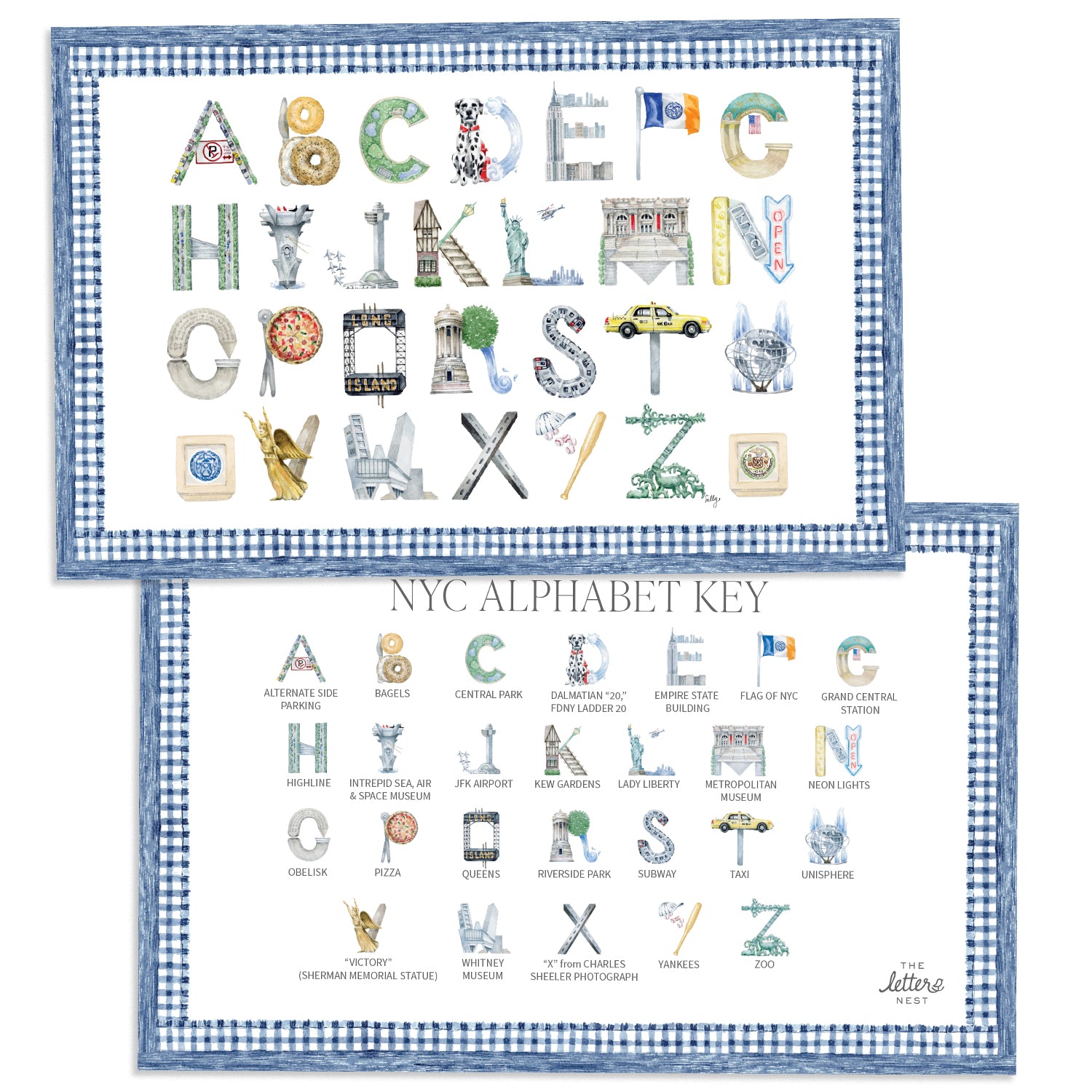 New York City Alphabet Placemat with blue gingham border and letter key on the verso of the placemat