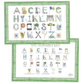 New York City Alphabet Placemat with green gingham border and letter key on the verso of the placemat