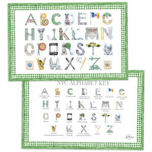 New York City Alphabet Placemat with green gingham border and letter key on the verso of the placemat