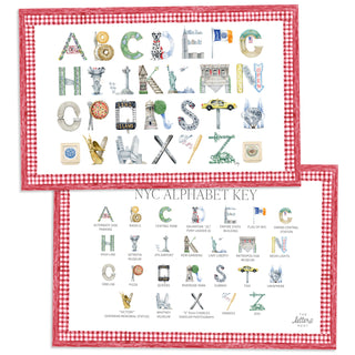 New York City Alphabet Placemat with red gingham border and letter key on the verso of the placemat