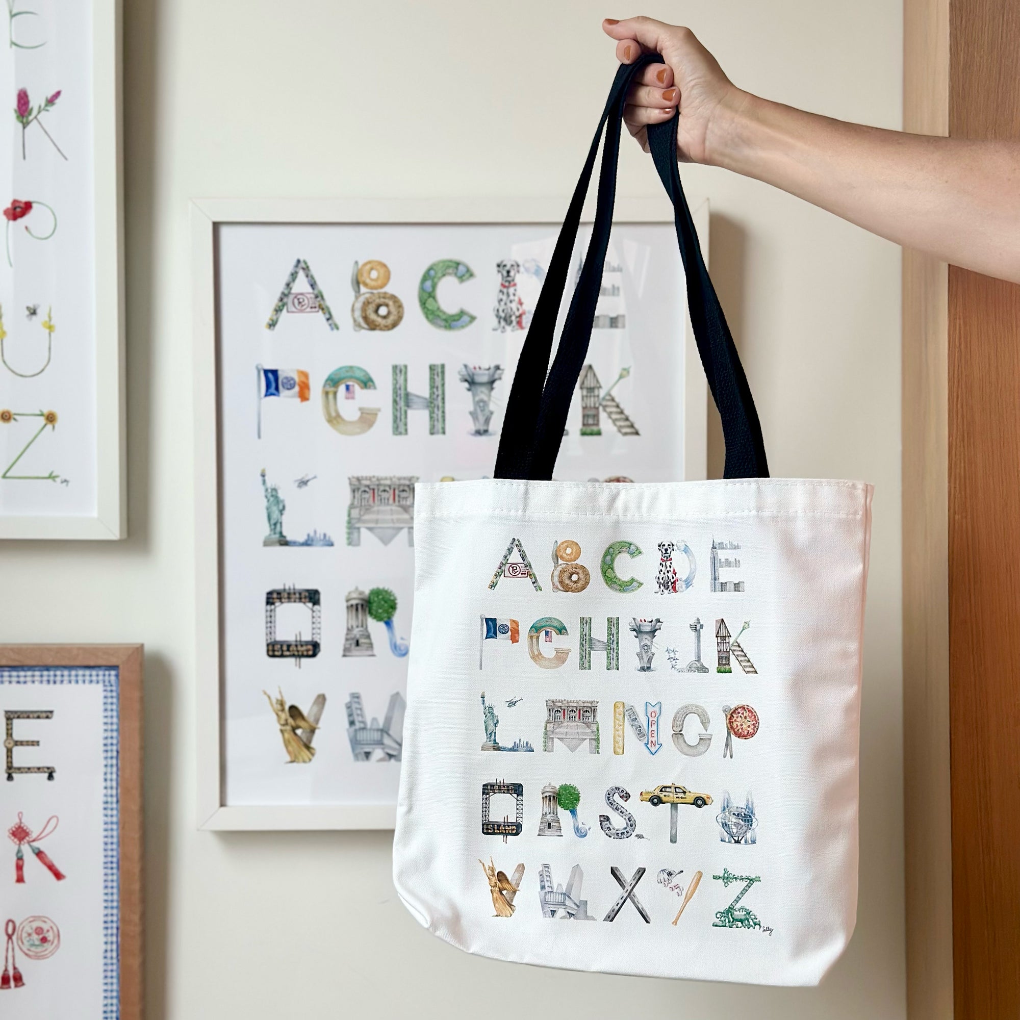 NYC Alphabet Tote on display against the NYC Alphabet Print