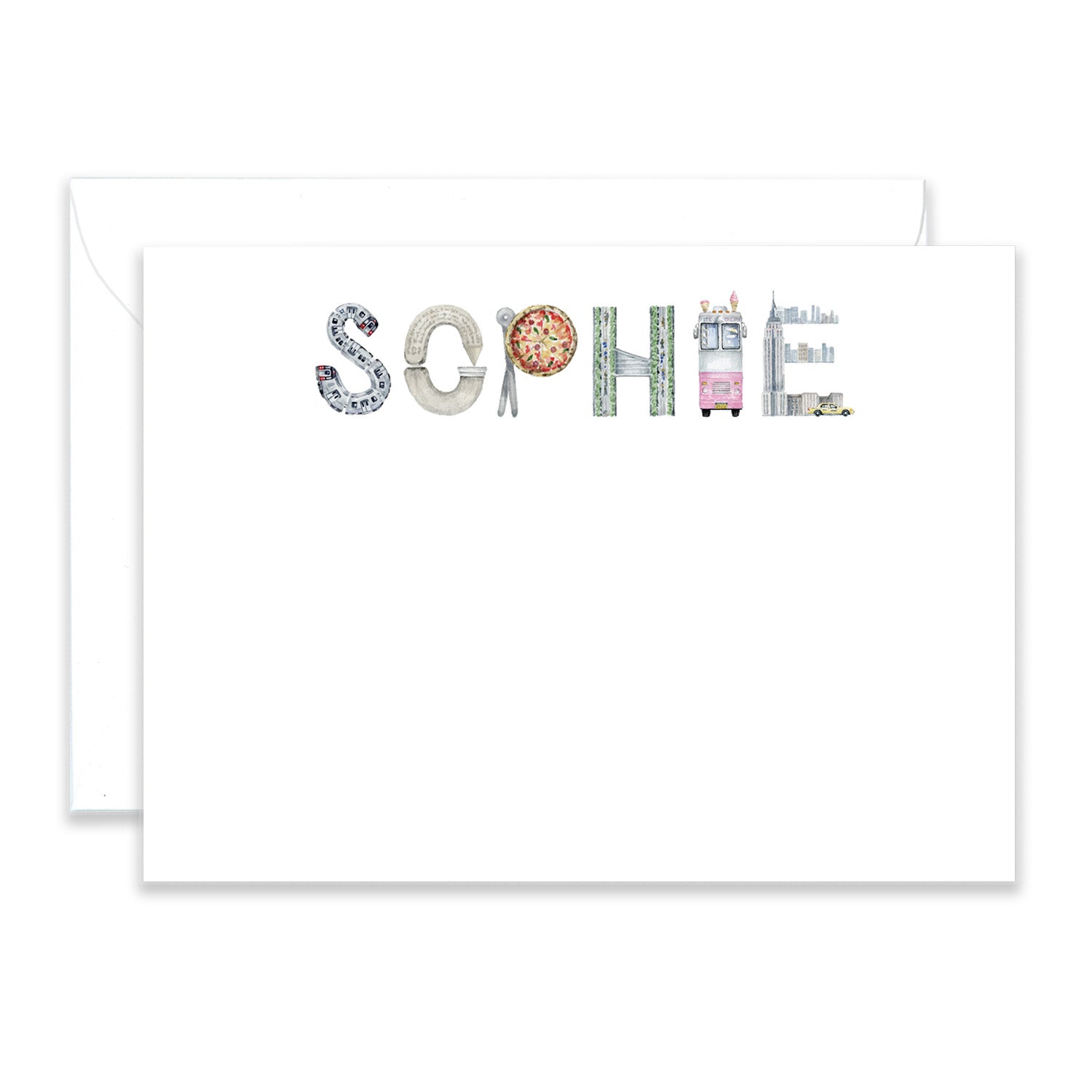 Personalized New York City Stationery shown in the name "Sophia" with matching envelope