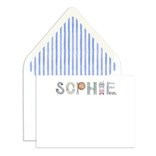 NYC Personalized Stationery by The Letter Nest in the name "Sophie" with watercolor blue stripe enveloper liner