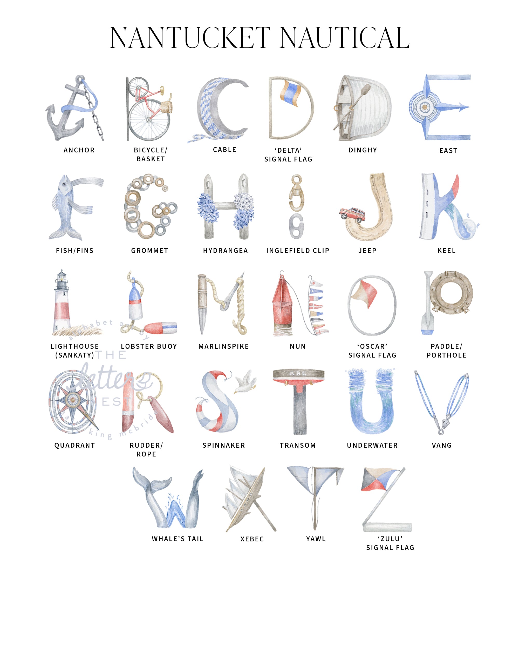 Nantucket Nautical Custom Name Prints by The Letter Nest in flatlay showing various border and frame options