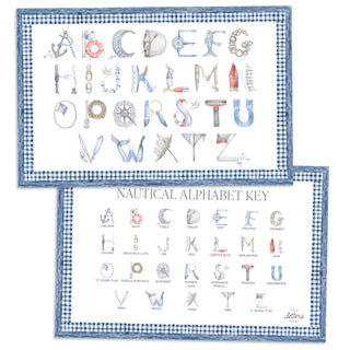 Nautical Alphabet Placemat with blue gingham border and letter key on the verso of the placemat