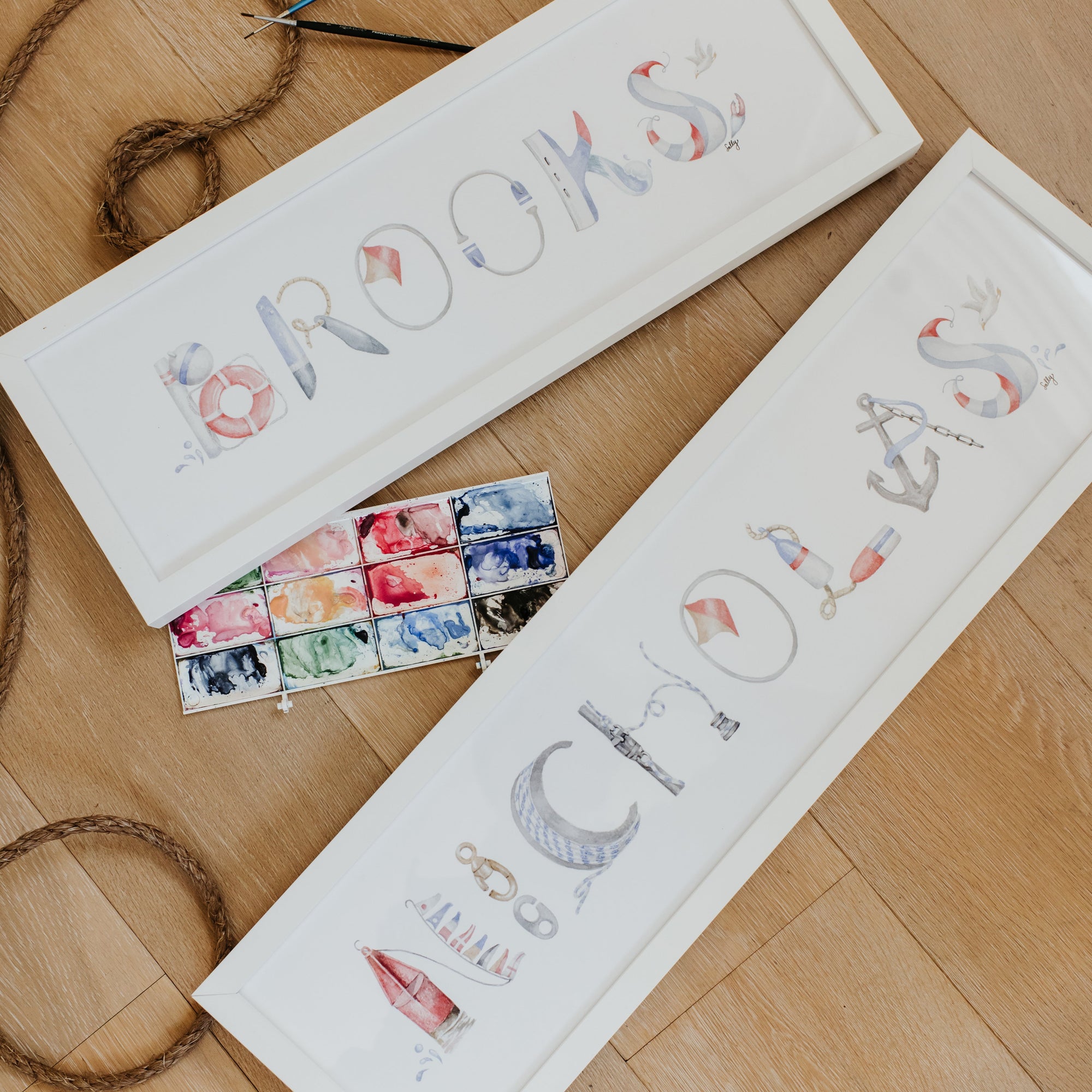 Nantucket Nautical Name Prints shown in "Brooks" and "Nicholas"