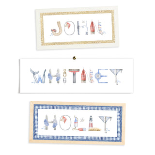 Nantucket Nautical Custom Name Prints by The Letter Nest in flatlay showing various border and frame options