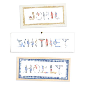 Nantucket Nautical Custom Name Prints by The Letter Nest in flatlay showing various border and frame options