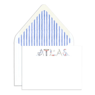 Personalized Nautical Stationery in the name "Atlas" with envelope with watercolor blue stripes liner