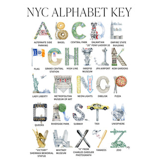 Illustrated and labeled key for The Letter Nest's New York City Alphabet, from A for Alternate Side Parking to Z for Zoo