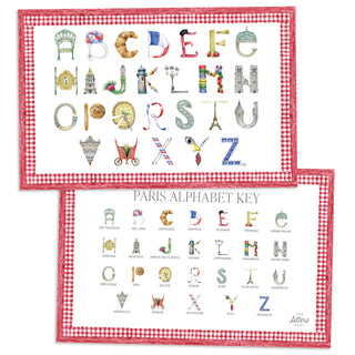 Paris Alphabet Placemat with red gingham border and letter key on the verso of the placemat