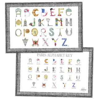 Paris Alphabet Placemat with black gingham border and letter key on the verso of the placemat