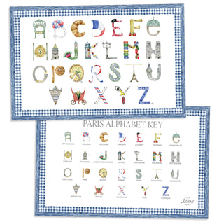 Paris Alphabet Placemat with blue gingham border and letter key on the verso of the placemat