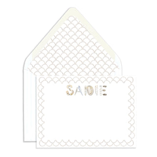 Personalized Shell Stationery with white scallop border in the name "Sadie" with matching watercolor envelope liner