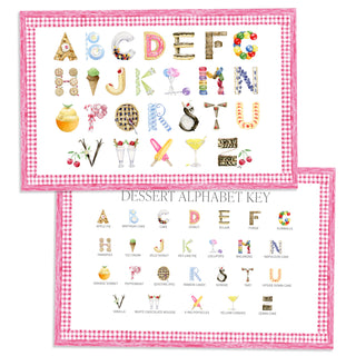 Dessert Alphabet Placemat with pink gingham border and letter key on the verso of the placemat