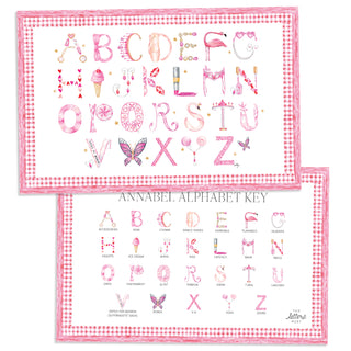 Annabel Alphabet Placemat with pink gingham border and letter key on the verso of the placemat