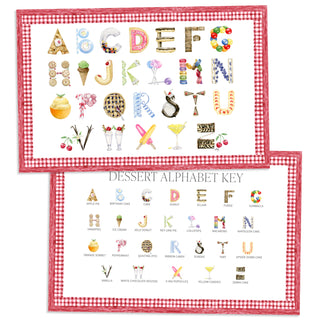 Dessert Alphabet Placemat with red gingham border and letter key on the verso of the placemat